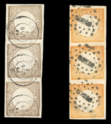 PERU (13,15) 1862-72 1p brown, 1p orange, horizontal strips of three, ...