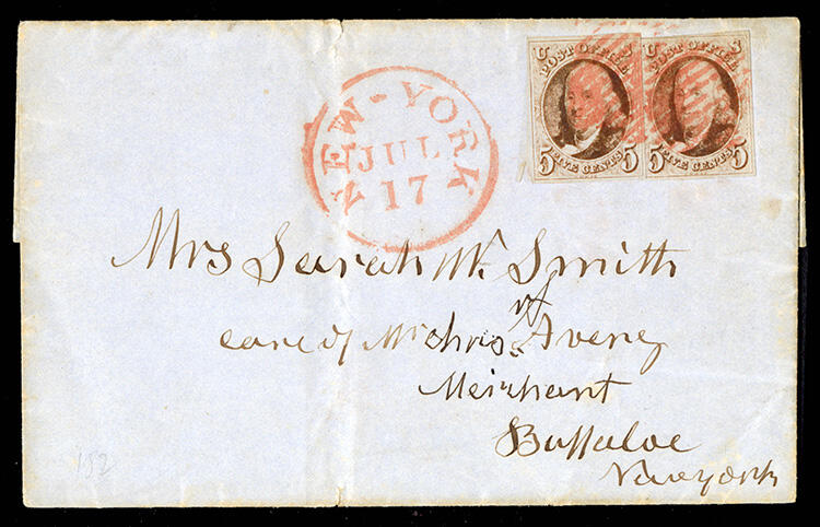 United States 1847 Issue (1) 1847 5c red brown, two singles, margins ...