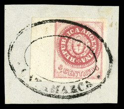 ARGENTINA (7C) 1863 5c rose, left sheet margin single, tied on piece ...