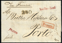 ESTONIA 1857 stampless letter from Riga to Porto, endorsed "Via ...