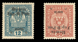 WESTERN UKRAINE (13a,20a) 1919 12sh on 12h blue, double overprint, ...