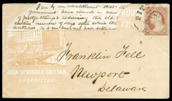 (26) 1857-61 3c dull red Washington Type III tied by partial black ...