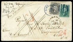 (68,70) 1861 10c green and 24c gray lilac Washington tied by blue ...