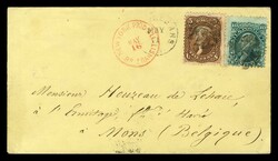 (68,76) 1861 10c green Washington and 5c red brown Jefferson tied by ...