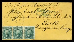 (68) 1861 10c green Washington strip of three used by grid cancels ...