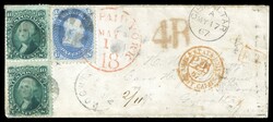 (63,68) 1861 10c green Washington vertical pair and 1c blue Franklin ...