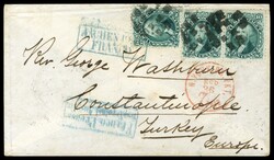 (68) 1861 10c green Washington pair and single tied by black cork ...