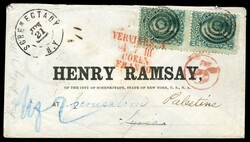 (96) 1868 10c green Washington F Grill vertical pair tied by black ...