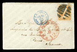 (100) 1868 30c orange Franklin F Grill tied by large black grid ...