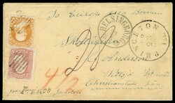 (65,71) 1861 30c orange Franklin and 3c rose Washington tied by black ...