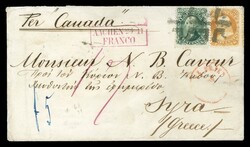 (68,71) 1861 10c green Washington and 30c orange Franklin tied by ...