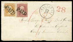 (65,71) 1861 3c rose Washington and 30c orange Franklin used by bold ...