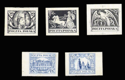 POLAND 1919 "Poczta Polska" unissued designs, five imperforate die ...
