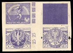 POLAND 1921-23 composite proof sheetlet in violet, upper right blank, ...