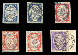 1874-90 5k blue, dark blue, red, dark red, lilac, six different used, ...