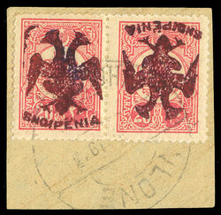 ALBANIA (6f) 1913 20pa carmine rose, horizontal pair, Tete-Beche ...