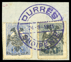 ALBANIA (7,8) 1913 1pi blue and 2pi slate, canceled on piece by ...