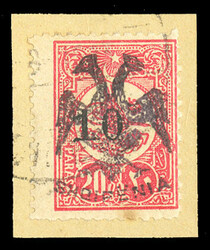 ALBANIA (19) 1913 10pa on 20pa carmine rose, canceled on piece, tiny ...