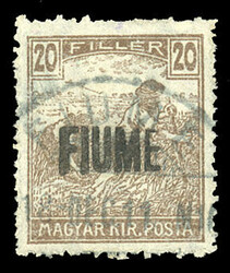 FIUME (Sass.1) 1918 20f brown, hand-made FIUME overprint, used, usual ...