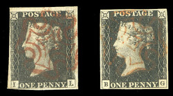 GREAT BRITAIN (1) 1840 1p black, Plate 1b, two singles, each canceled ...