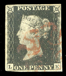 GREAT BRITAIN (1a) 1840 1p intense black, Plate 1B, lettered L-K, red ...