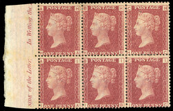 GREAT BRITAIN (33) 1864 1p rose red, Plate 98, left sheet margin ...