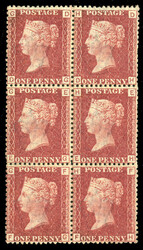 GREAT BRITAIN (33) 1864 1p rose red, Plate 116, vertical block of six ...