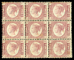 GREAT BRITAIN (58) 1870 1/2p rose red, Plate 1, block of nine, ...