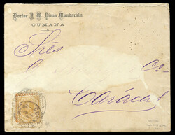 VENEZUELA 1888 (14 Aug) cover franked with 25c orange, rouletted 8, ...