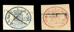 FINLAND (3) 1856-58 10k red, stationery cut square, with town cancel, ...