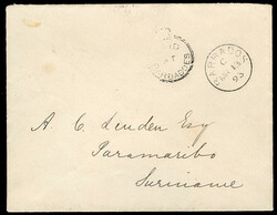 BRITISH COMMONWEALTH BARBADOS 1893 (13 Mar) cover to Paramaribo, ...