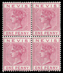 BRITISH COMMONWEALTH NEVIS (SG 27a,27b) 1882 1d carmine, block of ...