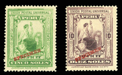 PERU Postage Dues(J34-35S) 1899 5s yellow green, 10sol dull violet, ...