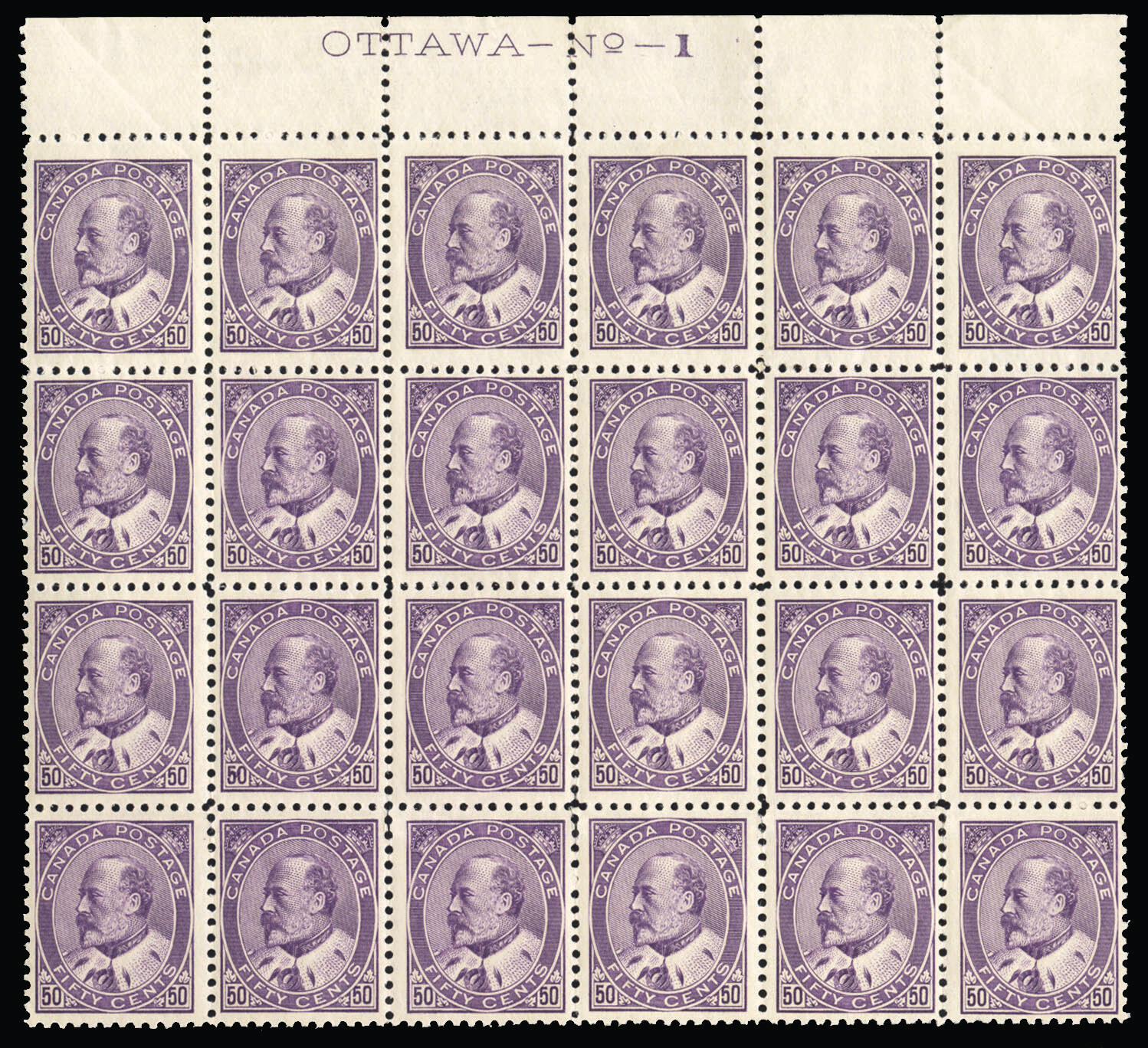 CANADA (96-103) 1908 1/2c-20c, complete set of Top sheet margin, ...
