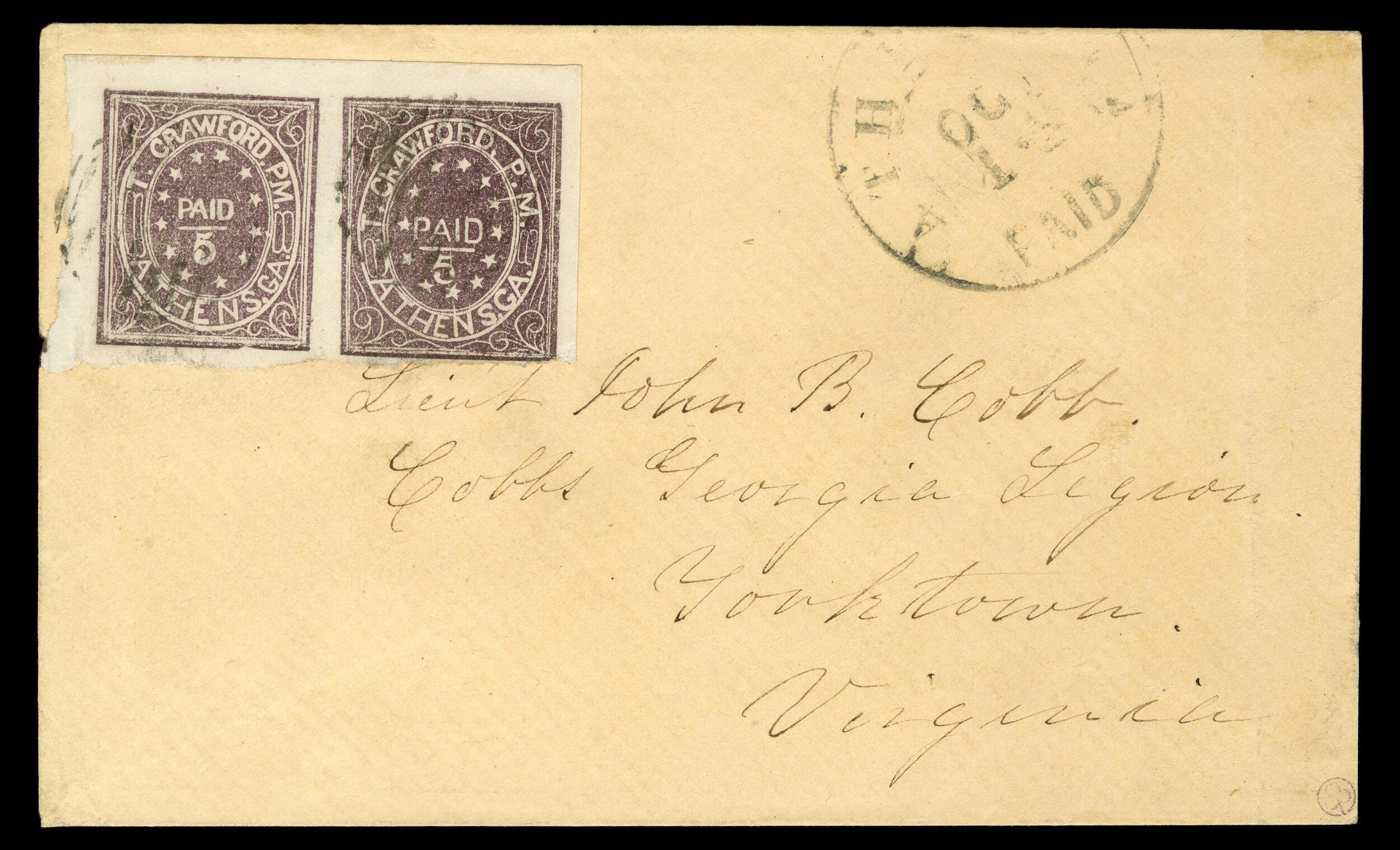 (5X1) Athens, Georgia 1861 5c purple Postmaster's Provisional, Types ...