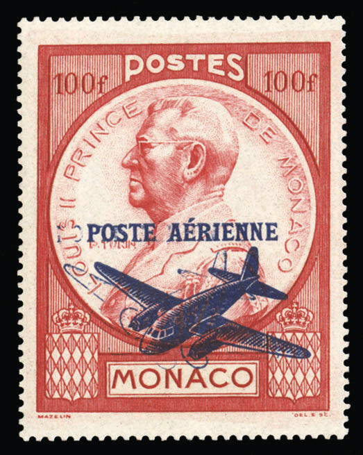 MONACO Air Post(C9b) 1946 100fr red, double overprint, second strike ...