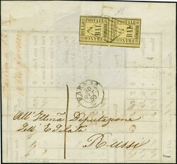 1859, ½ Bajocchi on yellow, vertical pair, slightly touched at top, ...