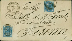 1878/79, 10 centesimi blue, two copies, one with rounded corner, tied ...