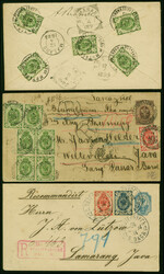 1889, 2 k. emerald-green, five singles tied by cds “MITAVA 15 FEV. ...
