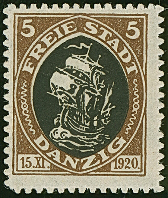 1921, Kogge 5 Pfennig, Probedruck in braun/schwarz, postfrisch, ...