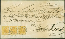 1850, Handpapier, 1 Kr. gelbocker, waagerechter Dreierstreifen, ...