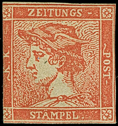 1856, “Zinnober Merkur” 6 Kr., Type IIIb, dreiseitig lupenrandig ...