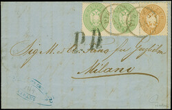 1863, Wappenausgabe 3 Kr. grün (2) in Mischfrankatur mit 15 Kr. ...