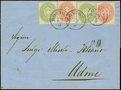 1863/64, Wappenausgabe 3 Kr. grün (2) und 5 Kr. rosa (2), farbfrisch ...