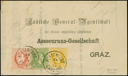 1867, 2 Kr. gelb, 3 Kr. grün und 5 kr. rosakarmin, farbfrisch, ...