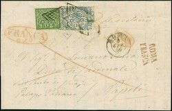 1856, 50 b. blue with 2 b. olive green tied by overlapping diamond ...