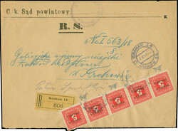 1919, 5h. red, horizontal strip of five, position 71-75, tied by cds. ...
