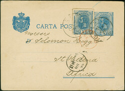 1896, King Carol 5 b. blue postal stationery card used uprated with 5 ...