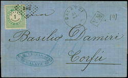 1875, unpaid letter sheet from "GALATZI 20 APR" via Vienna and Triest ...