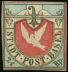 1845, Basler Taube 2½ Rp. schwarz/karmin/lebhaftblau, sehr schön ...